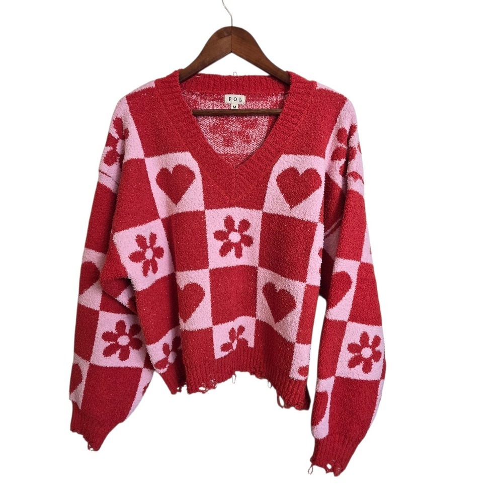 POL Heart & Floral Checkered V-Neck Sweater Medium Coquette - Picture 2 of 14